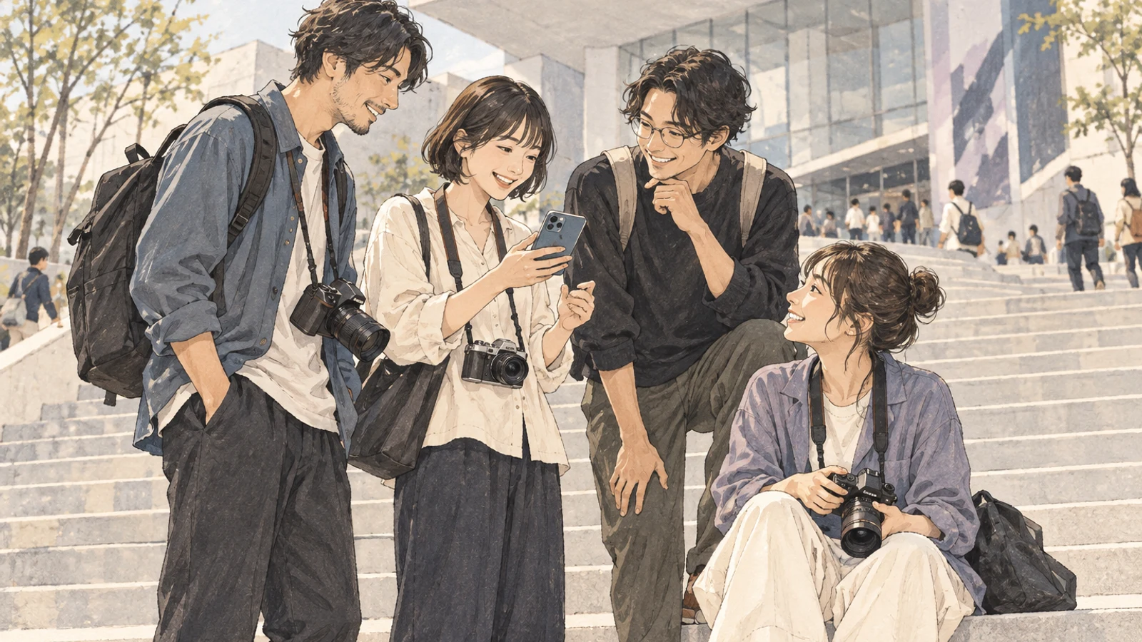 イベント後に会場の階段で集まり、写真について話すカメラマンたちのイラスト