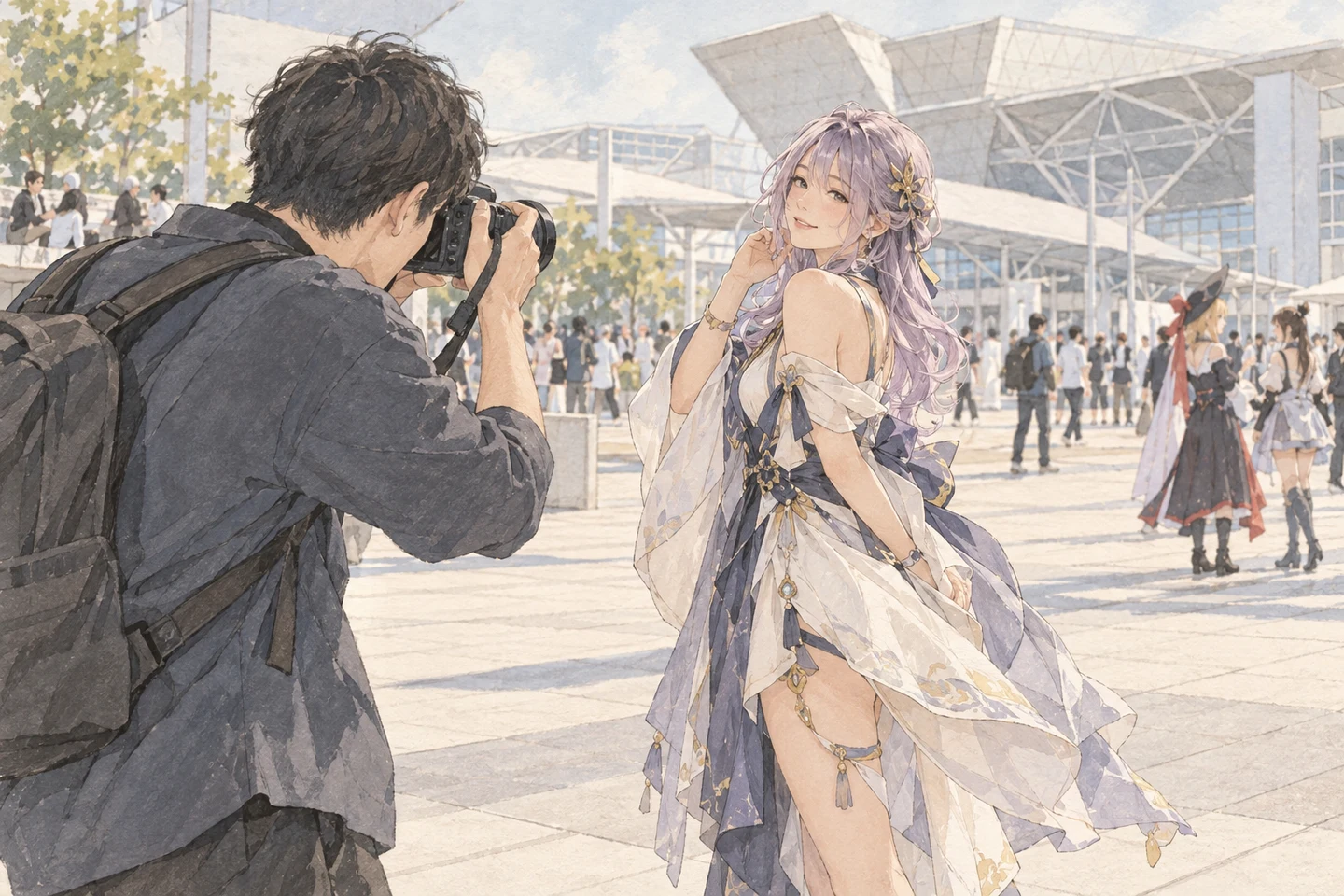 コスプレイベントの会場で、カメラマンの撮影に応じるコスプレイヤーのイラスト