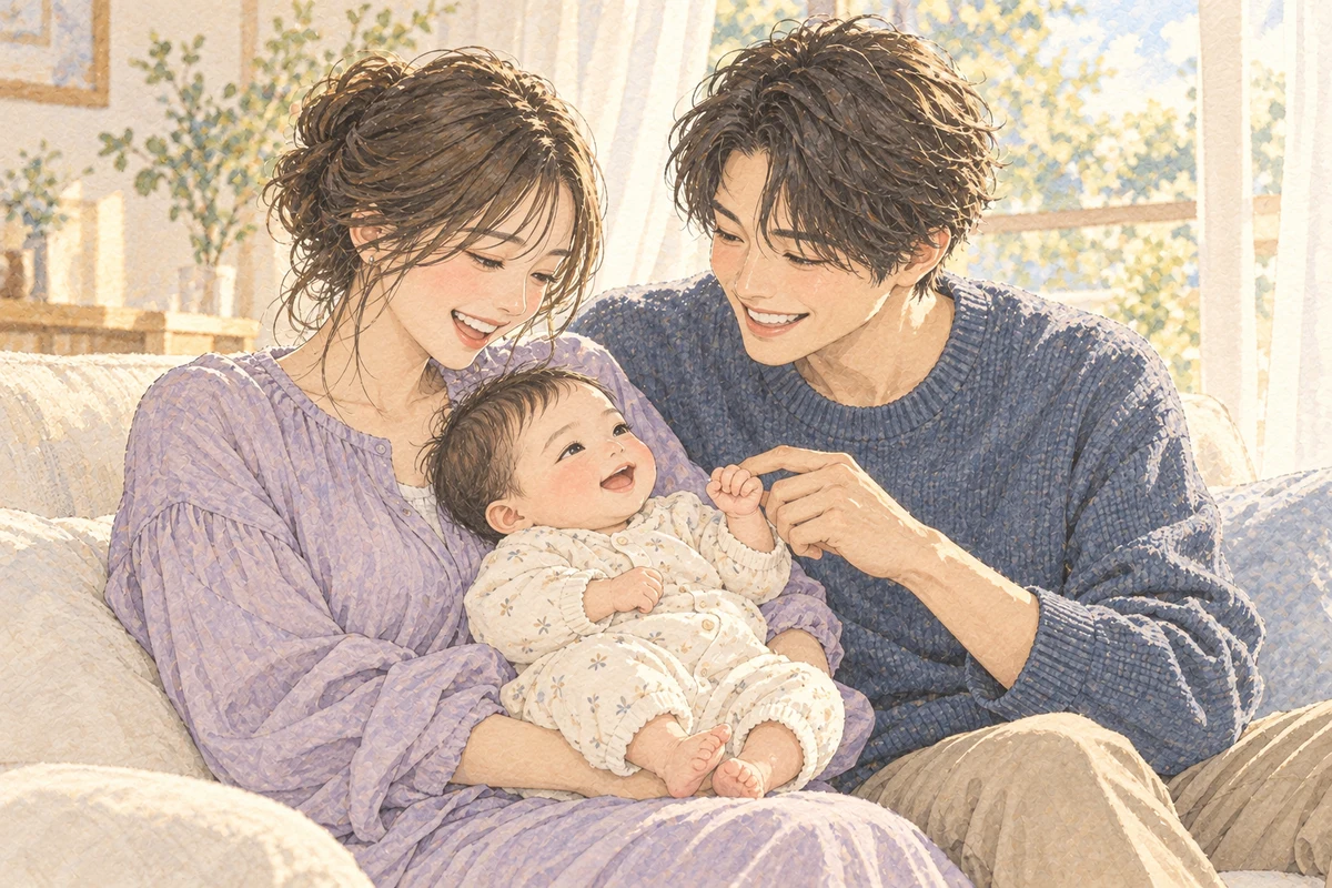家のソファで、赤ちゃんを抱いた夫婦が3人で笑うイラスト