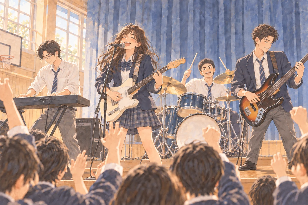 学校の体育館で演奏する制服姿のバンド4人と、手を上げて楽しむ観客のイラスト