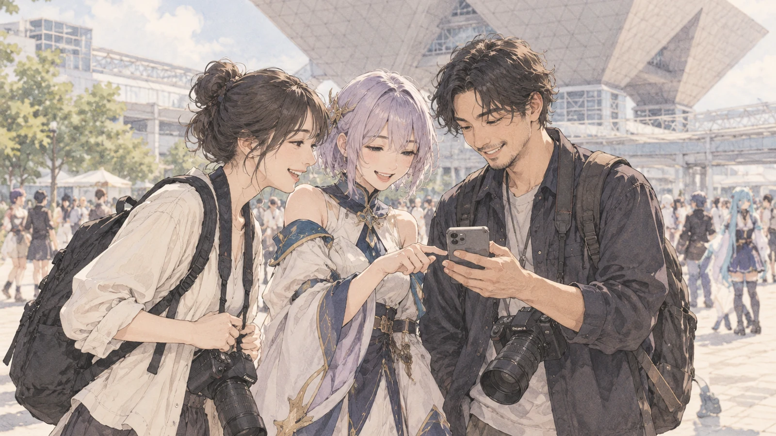 イベント会場で、撮った写真をスマホで見せ合う3人のイラスト