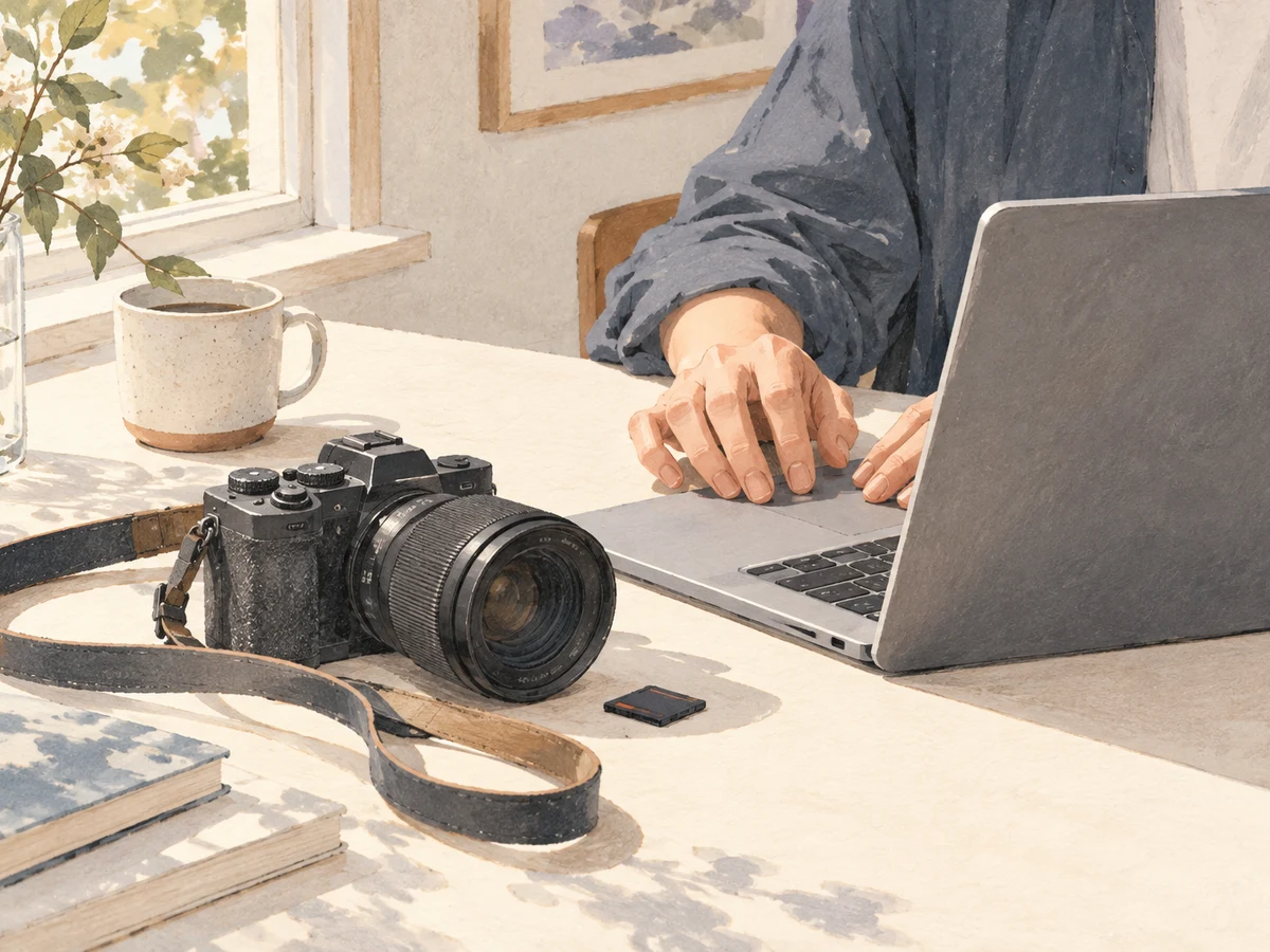 窓辺の机に置いたカメラと、写真を整理する手元のイラスト