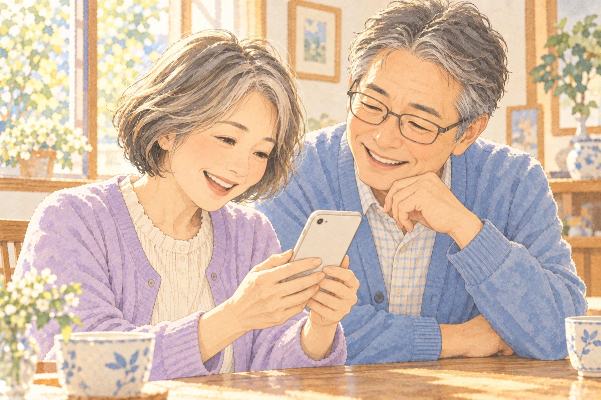 離れて暮らす両親が、スマホの画面を一緒に見て微笑むイラスト