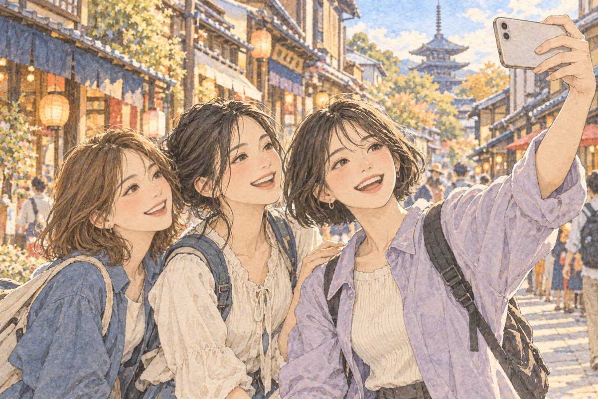 繁華街で、端の1人がスマホを持ち、女性3人で自撮りをするイラスト