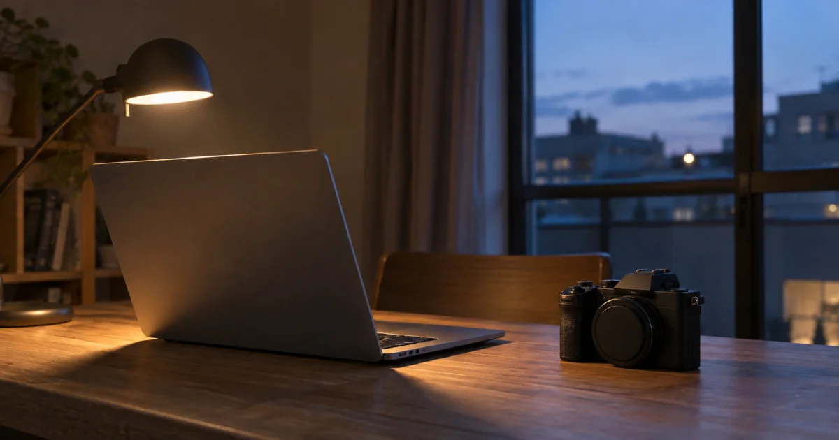 帰宅後の写真整理をする夕方のPCとカメラのイメージ