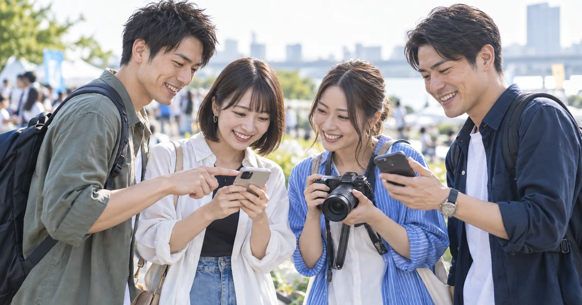 イベント後にスマートフォンやカメラの写真を見せ合う4人