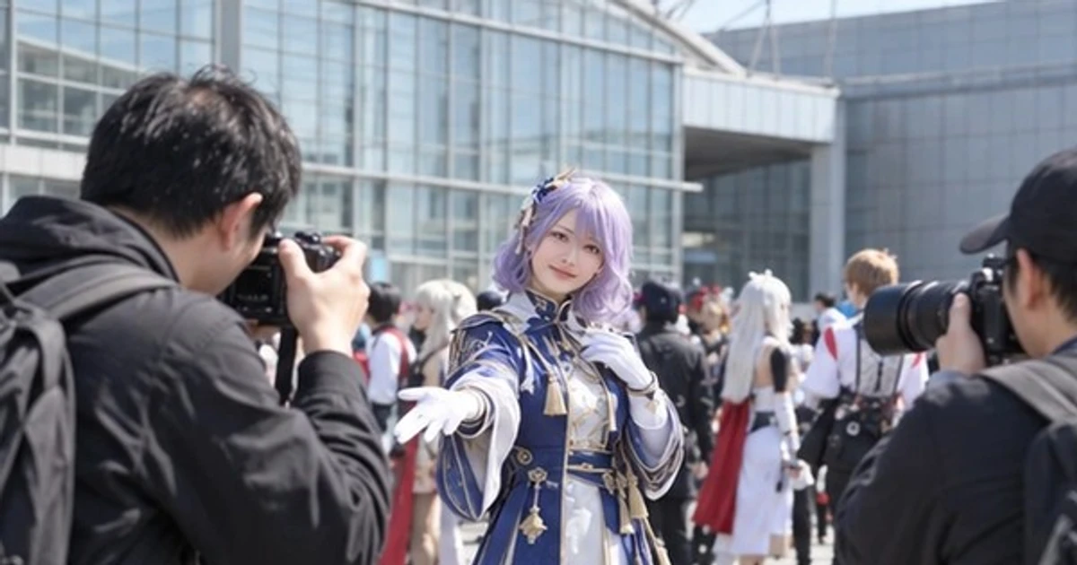 コスプレイベントの会場で複数のカメラマンの撮影に応じるコスプレイヤー