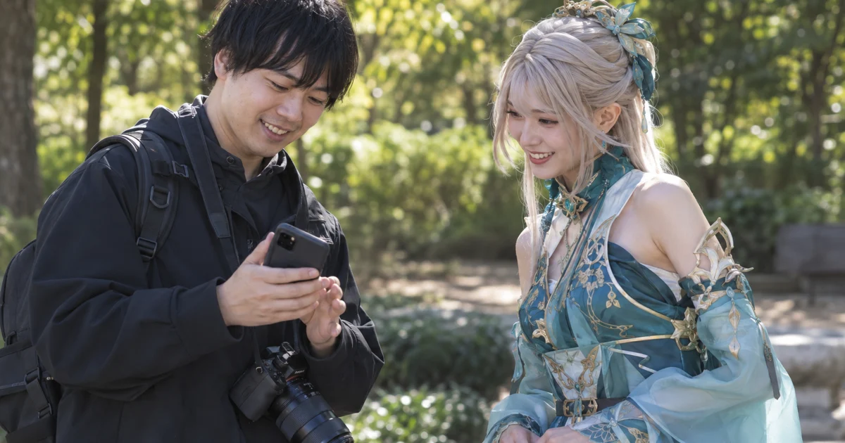 撮影会で写真を確認する二人