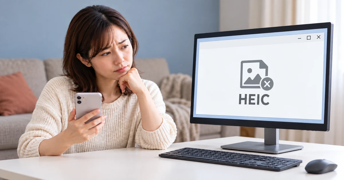 Windows風の画面にHEIC写真を開けないアイコンが表示され、スマホを持って困っている人