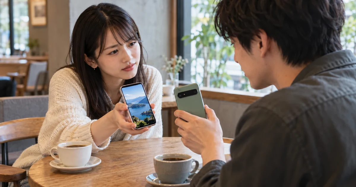 カフェで異なるスマホを手に、写真の送り方が分からず相談する2人の友人
