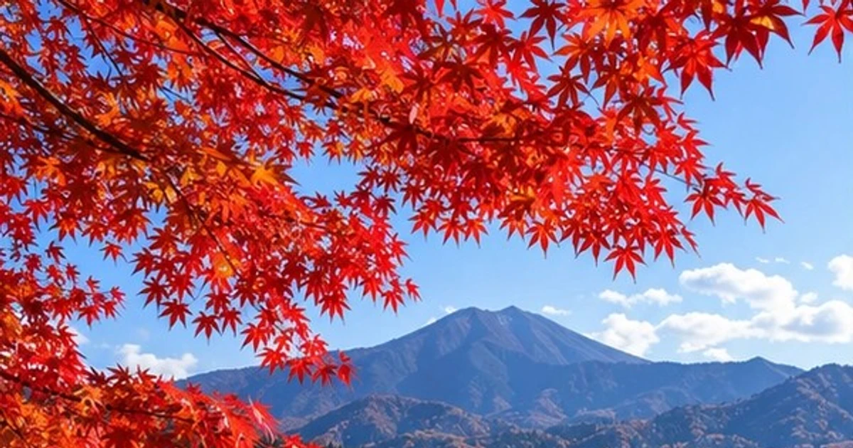 紅葉の枝越しに山を写した秋の風景写真
