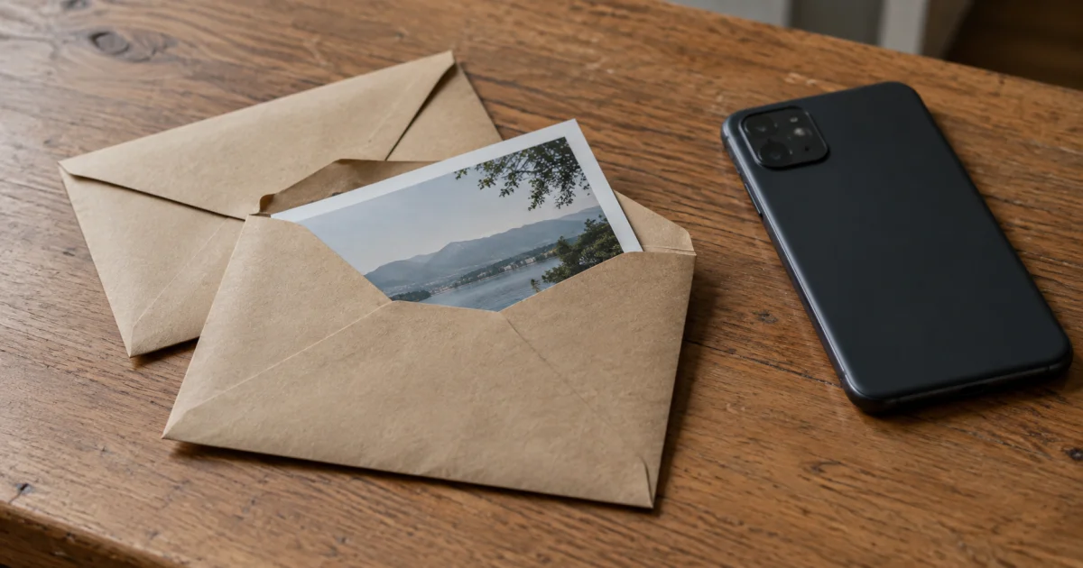 写真を封筒に整理した机と伏せたスマートフォンのイメージ