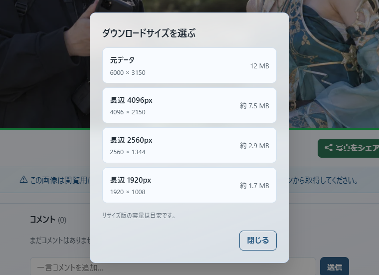 写真1枚のサイズ選択画面です。表示された容量のうち、リサイズ版は推定値です。