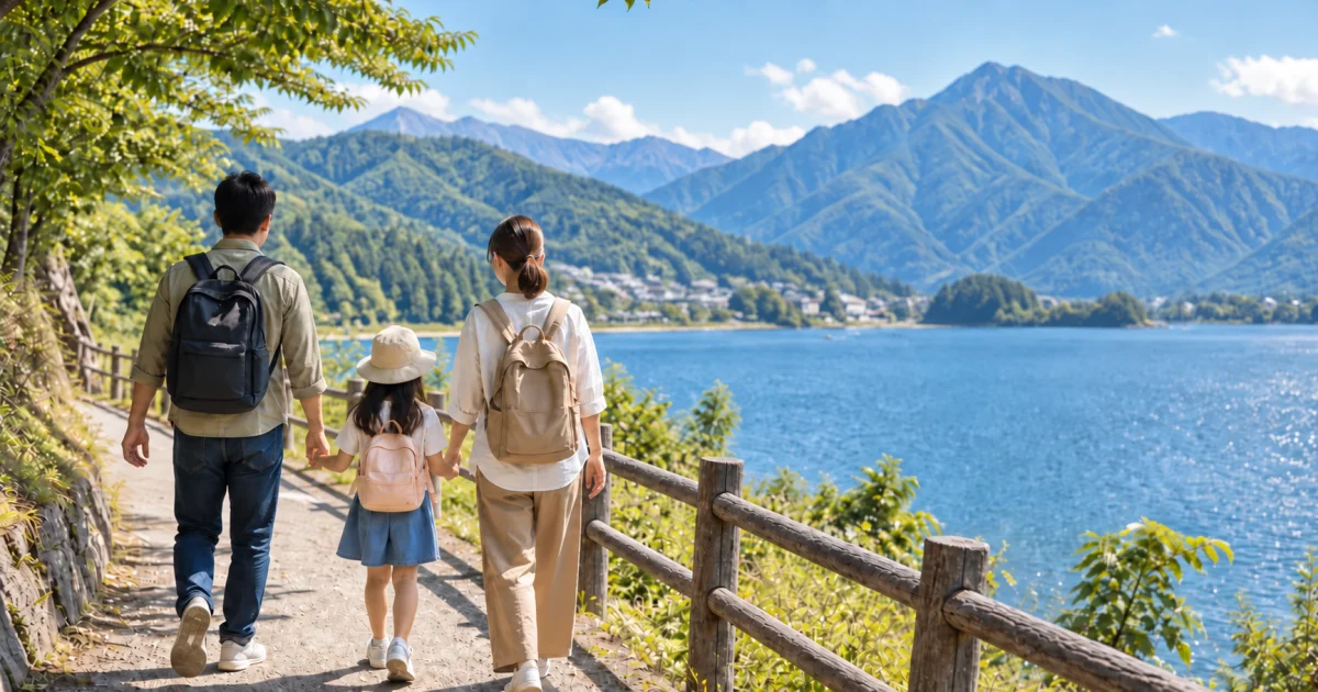 旅先の湖畔を歩く家族