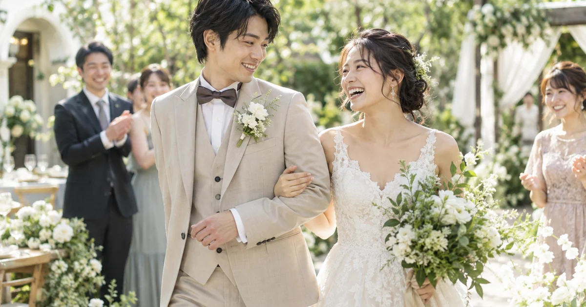 結婚式のガーデンで笑顔の新郎新婦